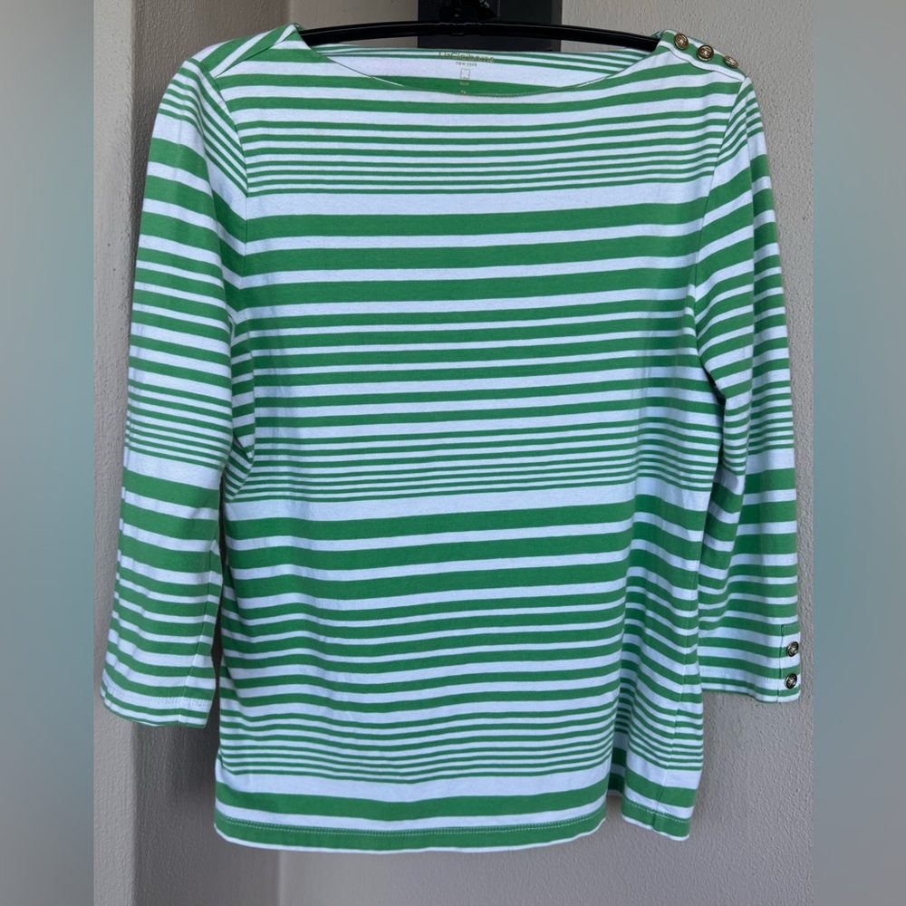 Liz Claiborne Top Green/White Stripe Pullover Boat Neck 3/4 Sleeve Petite Medium